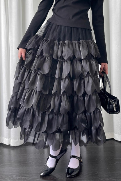 Petal Black Mesh Midi Skirt