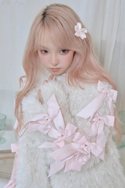 White Satin Bow Lamb Fur Coat