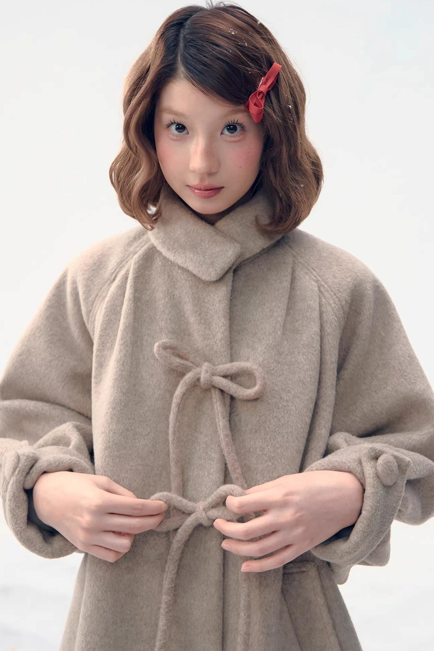 Retro Oatmeal Woolen Bow Coat