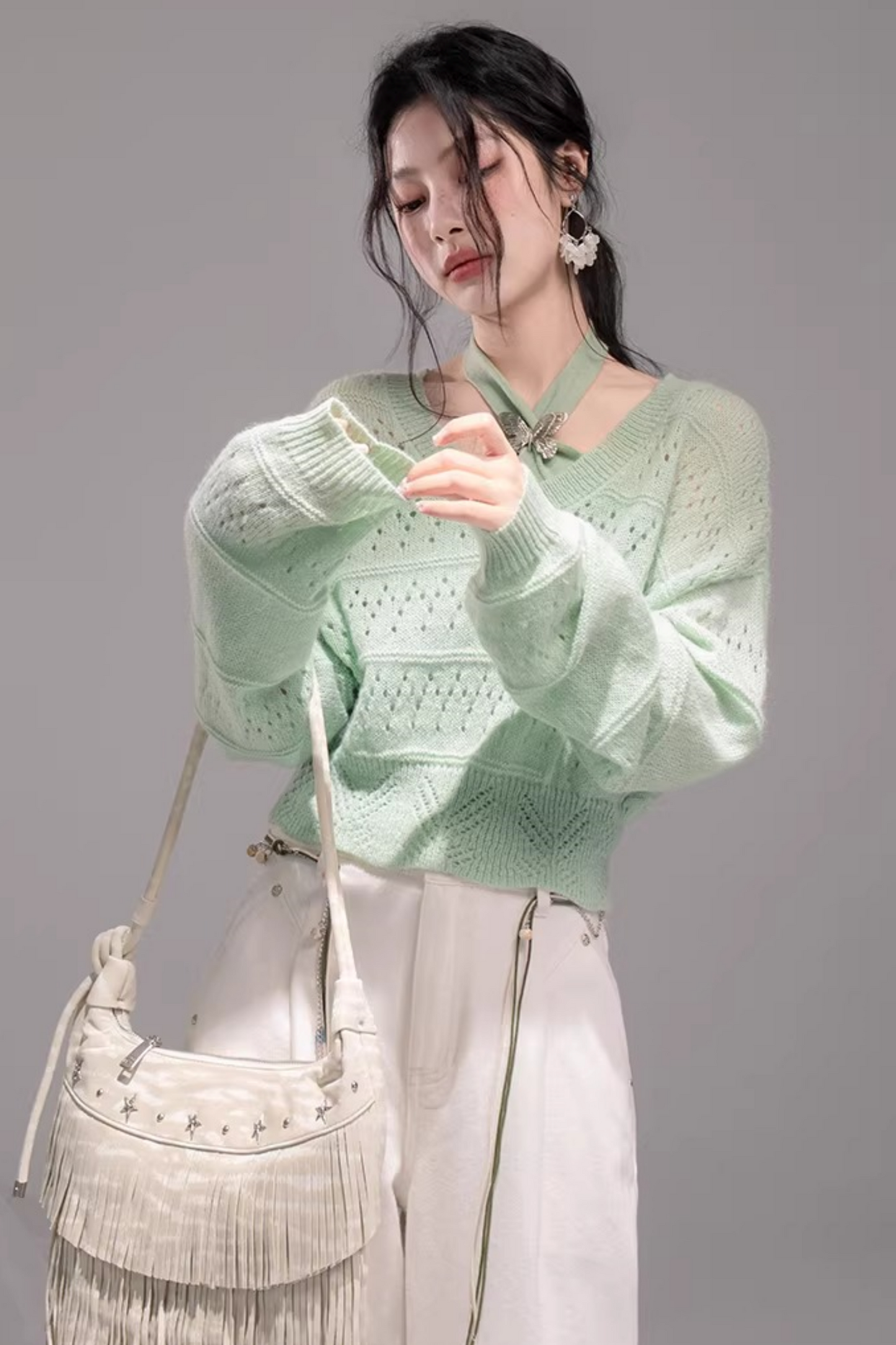 Frühlingsgrünes Strickwesten-Zweiteiliges Set