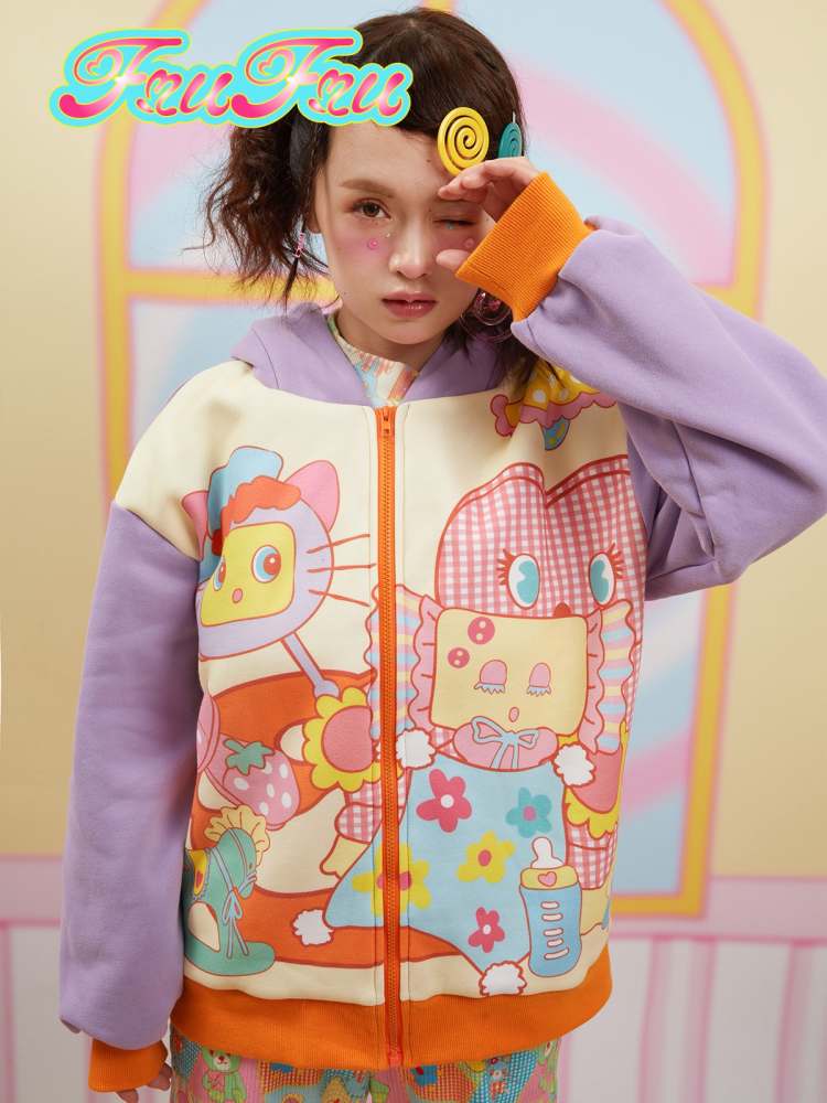 Cartoon Print Plus Velvet Hoodie