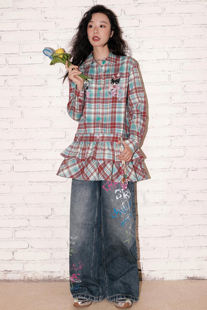 New Band Collar Plaid Dress