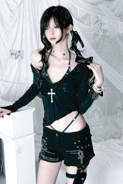 Stud Printed Denim Shorts