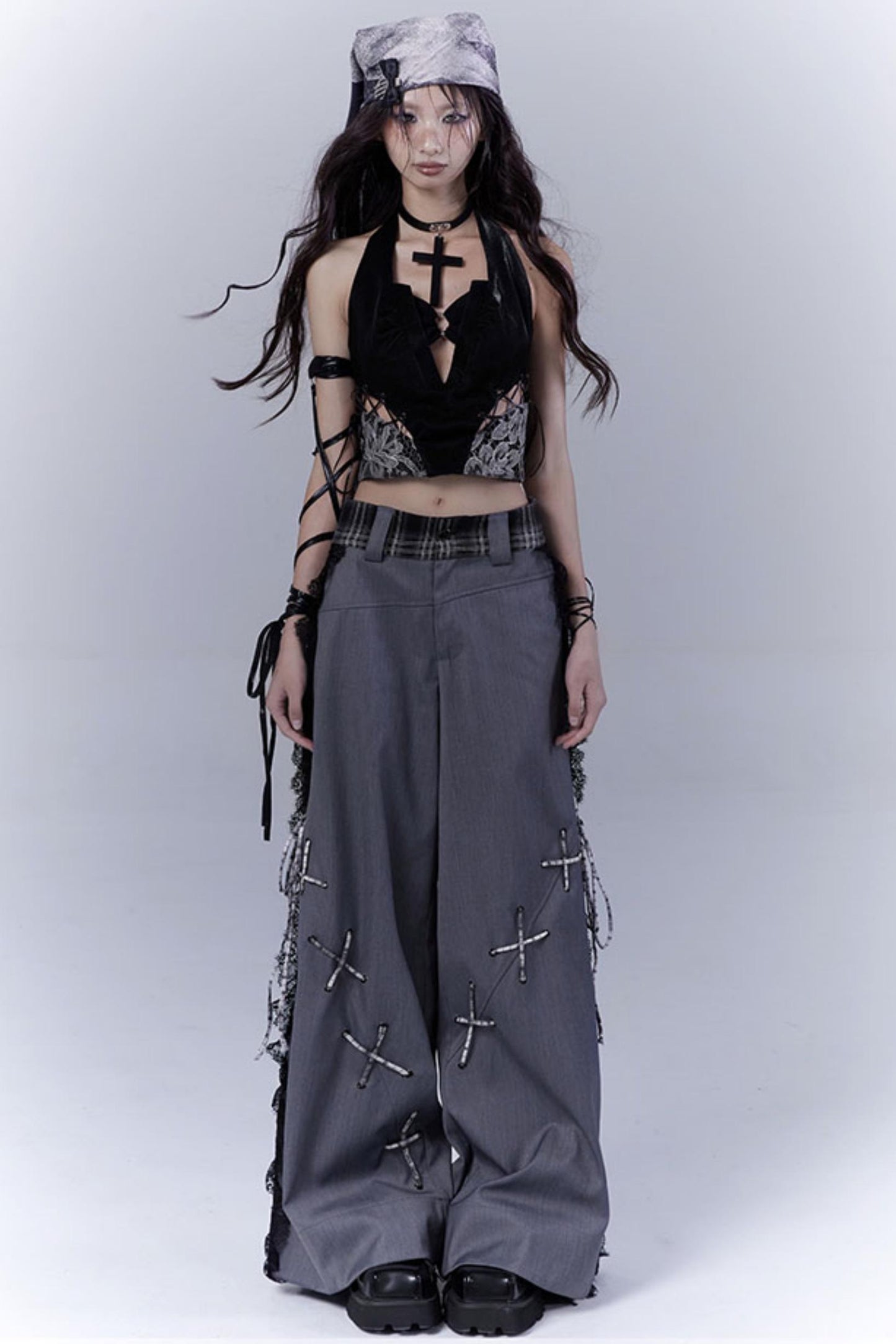 Gray Hollow Lace Fusion Casual Trousers