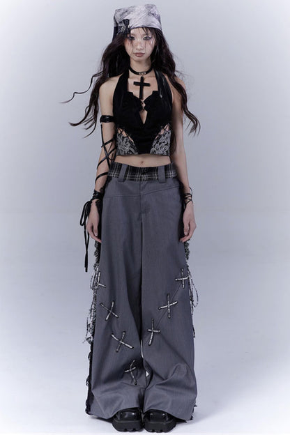 Gray Hollow Lace Fusion Casual Trousers