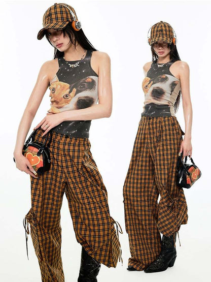 Relax Plaid Wide Leg Cargo Pants