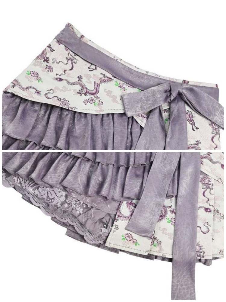 Dragon Pattern Chinese Style Layered Pleated Mini Skirt