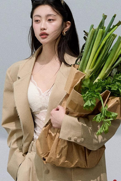 Textured Khaki Suit Short Jacket