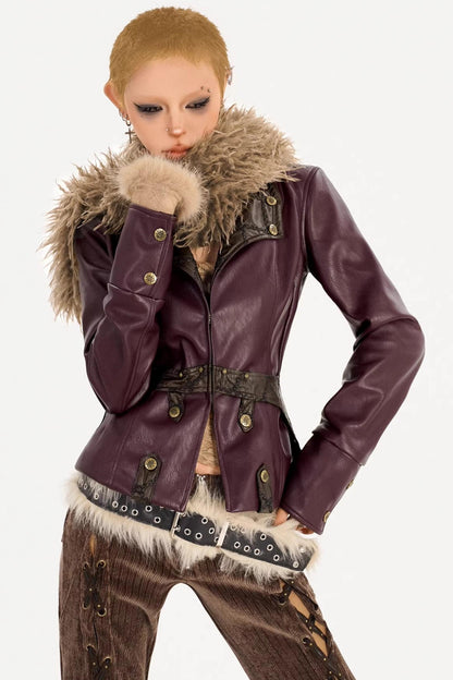 Vintage Leather Fur Collar Jacket