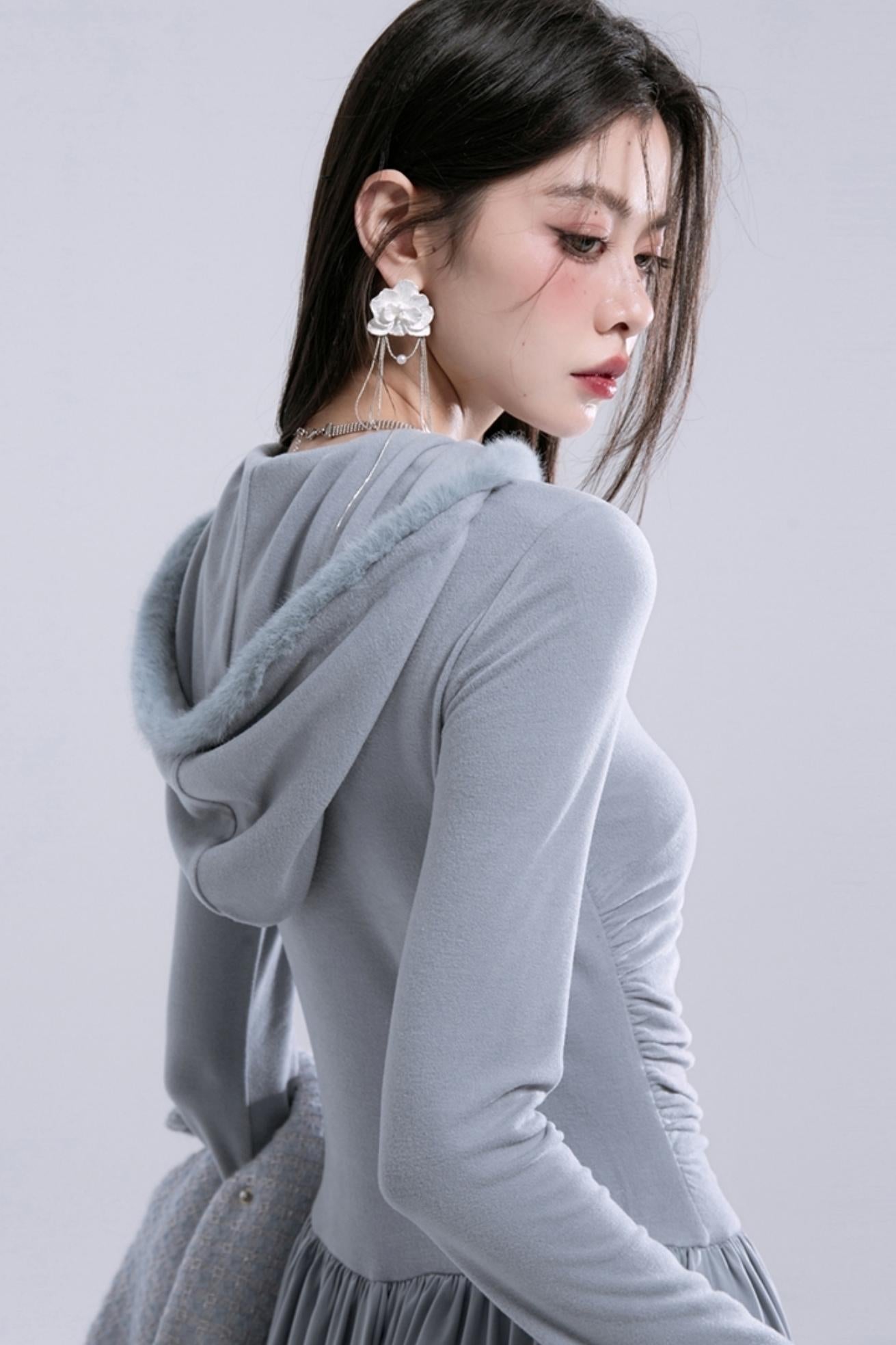 Hooded Gray Knit Dress