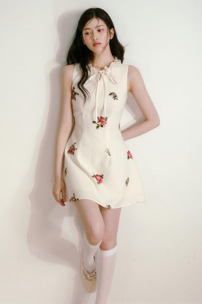Floral Beige Sleeveless Summer Dress