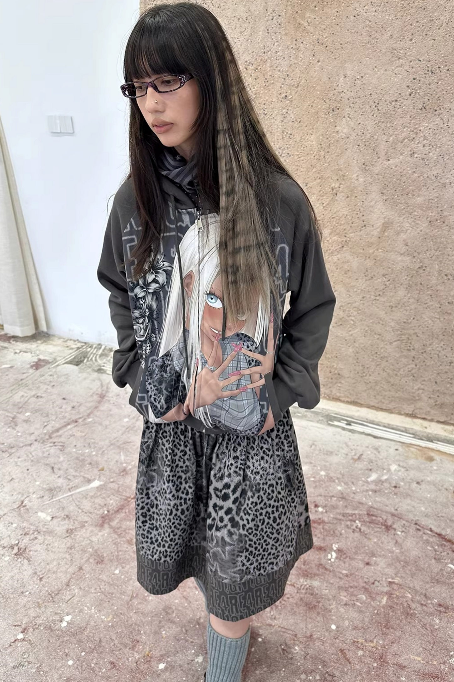 Leopard Graffiti Pleated Skirt