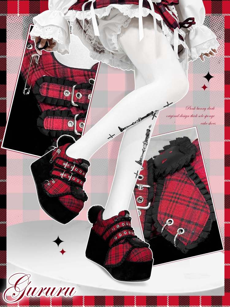 Y2K Black Rabbit Plaid Platform Shoes