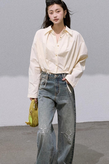 Laser-Cut Flower Vintage Wide-Leg Jeans