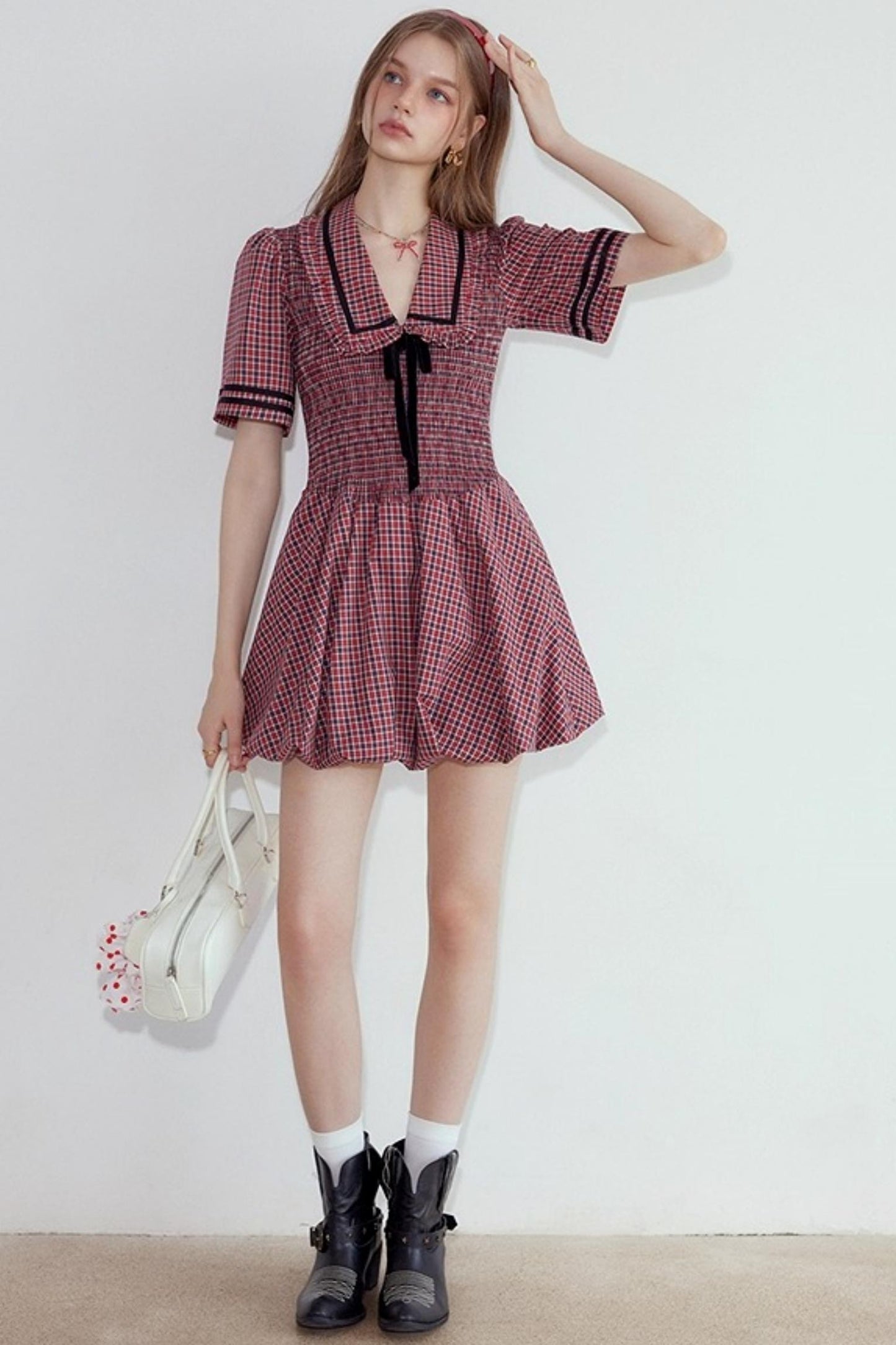 Plaid V-neck Bow Bubble A-Line Bud Dress