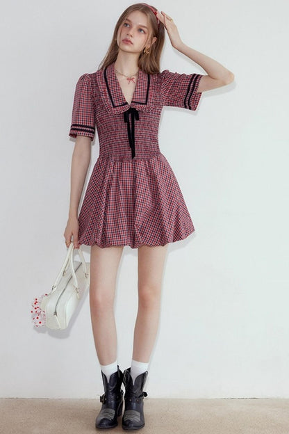 Plaid V-neck Bow Bubble A-Line Bud Dress