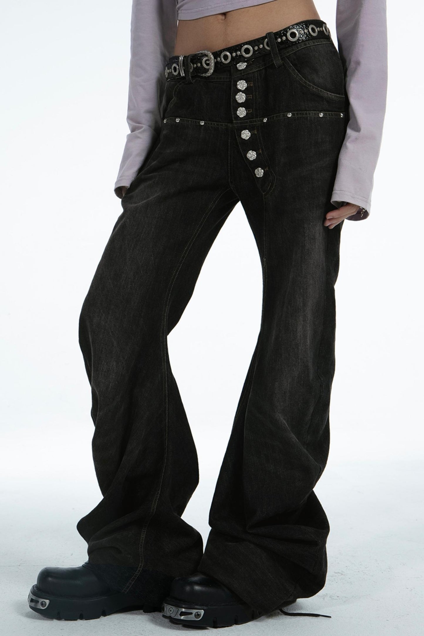 Black Gray Denim Stacked Flared Pants