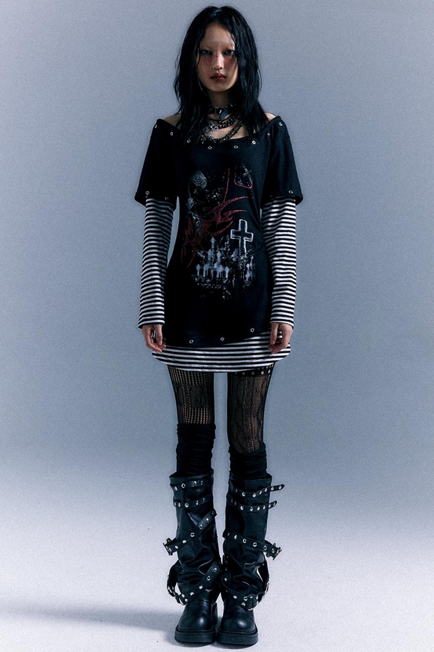 Punk Striped Cinched Waist T-Shirt Dress