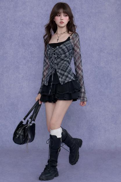 Gray Plaid Tie-Neck Top Set-Up
