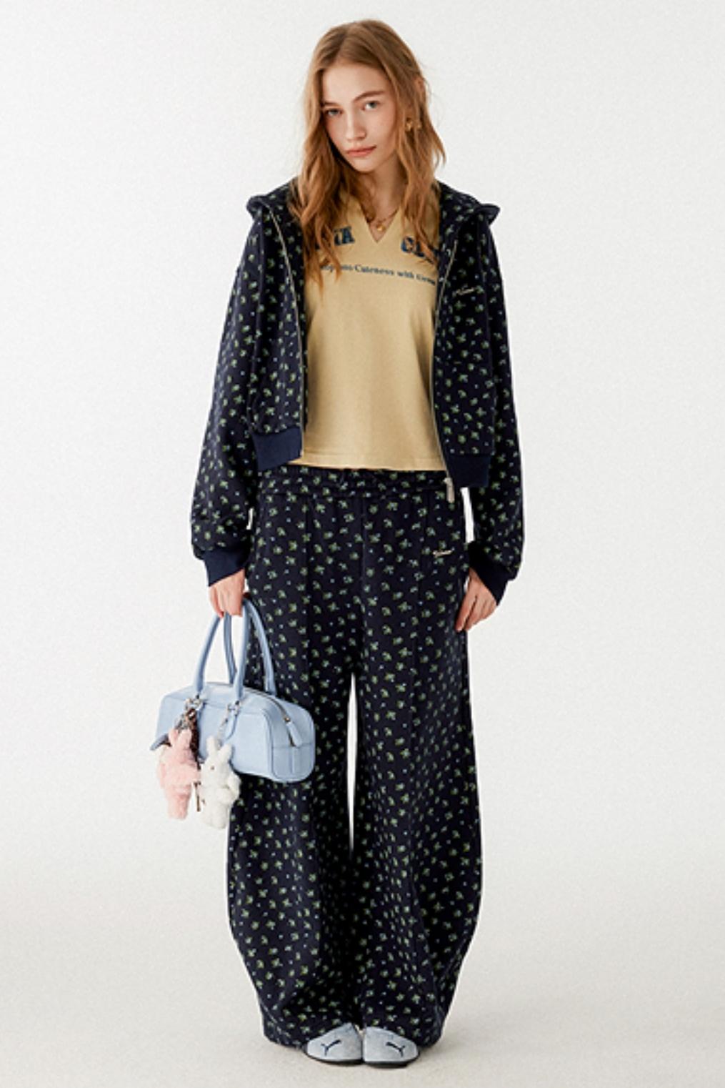 Navy Blue Floral Hooded Jacket Set-Up