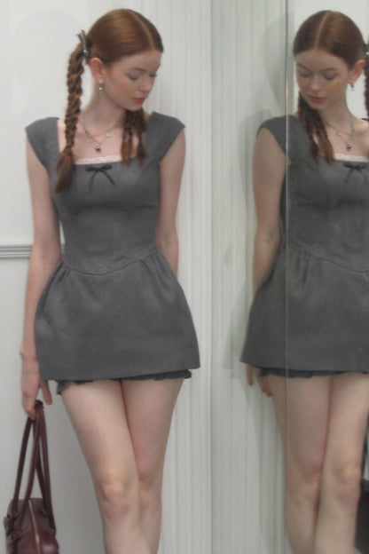 Gray Lace Bow Dress Set