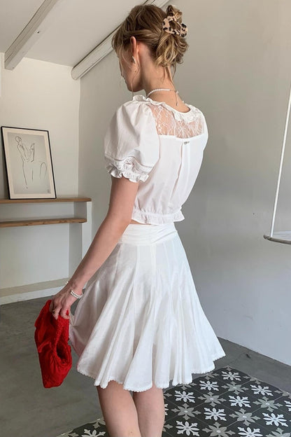 White Lace Square Collar Puff Sleeve Shirt