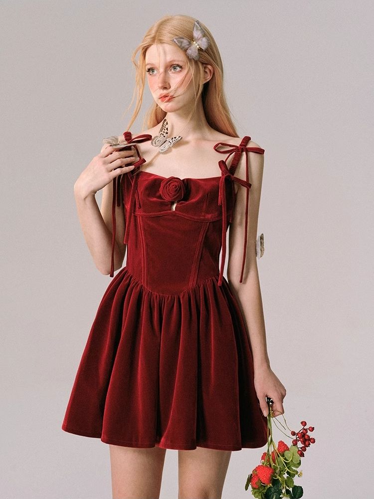 Velvet New Year's Red Halter Dress