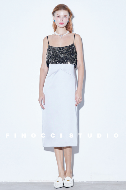 Sequin-Stitched Satin Dress