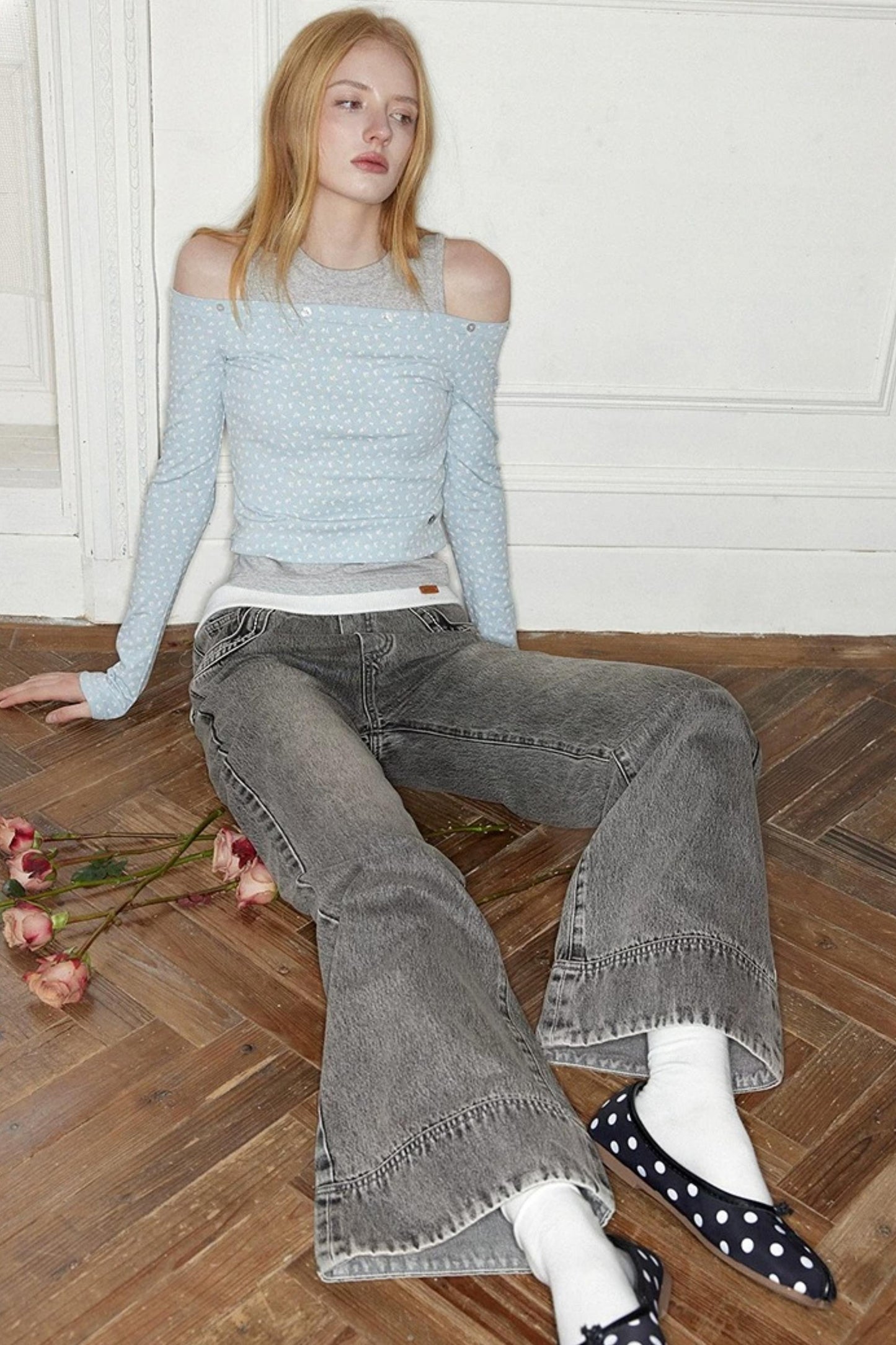 Gray Distressed Wide-Leg Jeans