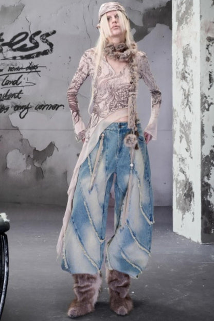 Beaded V-Neck Ruffled Skin Top