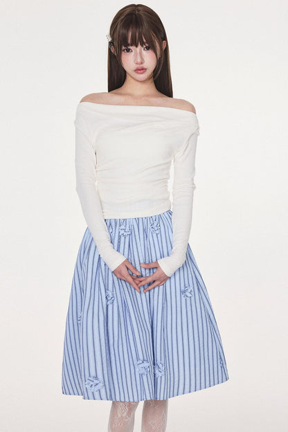 Blue Striped Flower Silhouette Skirt