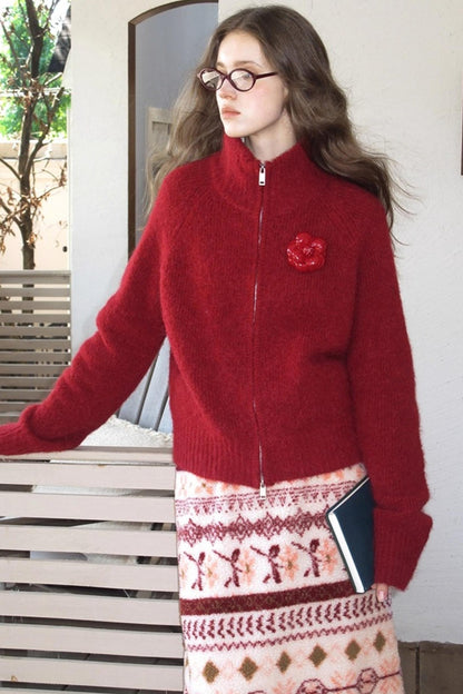 Quetzal Red Alpaca Wool Cardigan