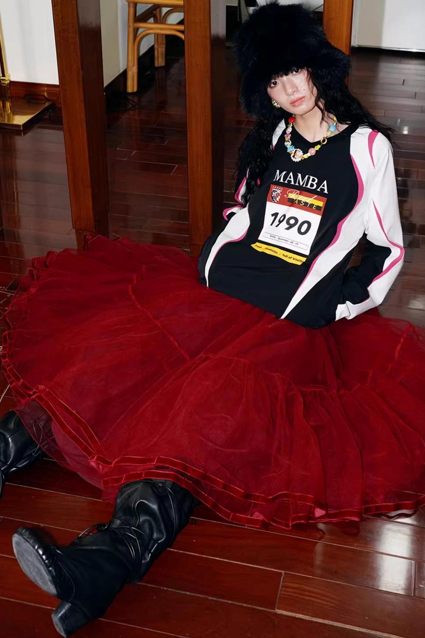 Autumn Mesh Puffy Long Skirt