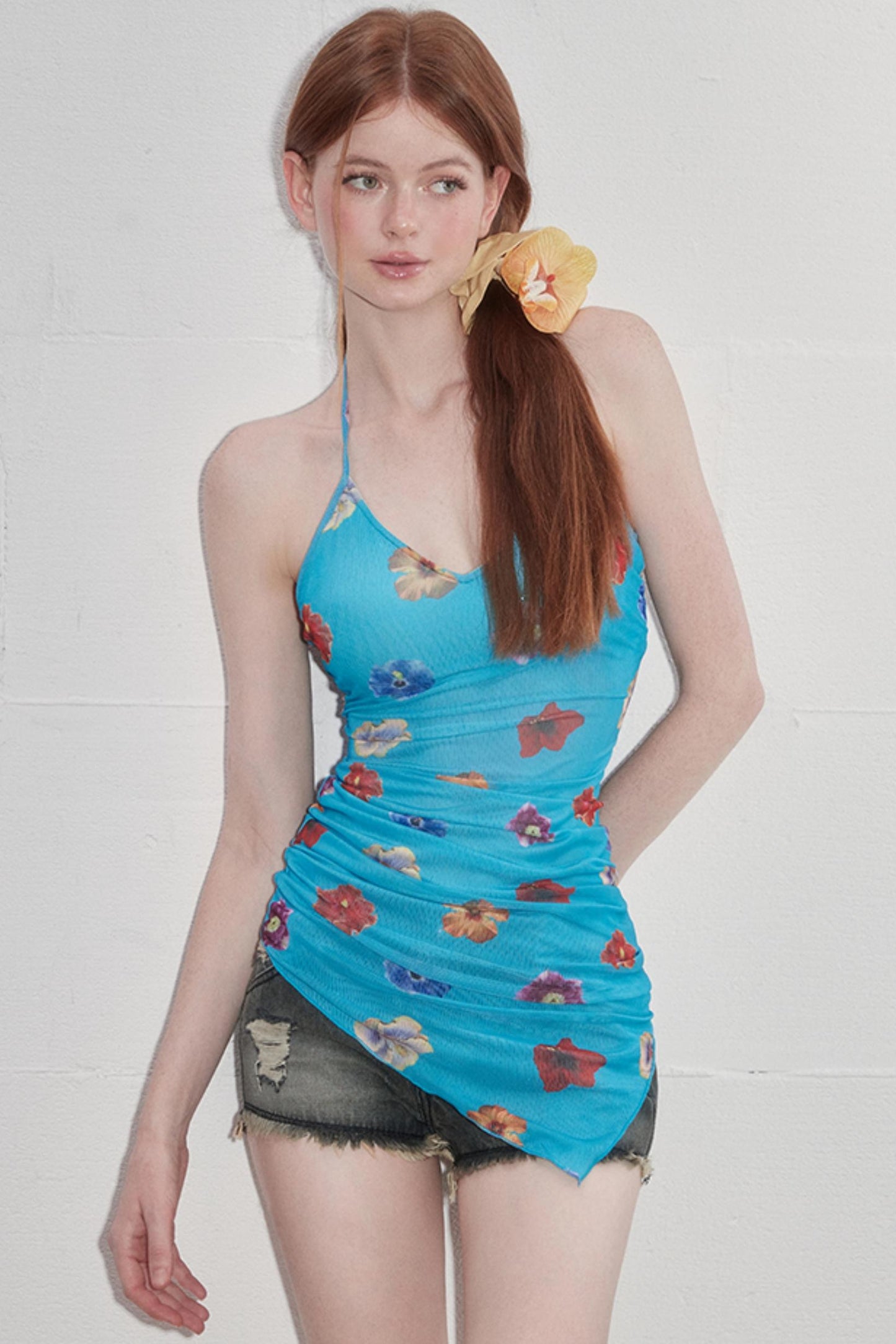 Padded Slim Strap Neck Print Top