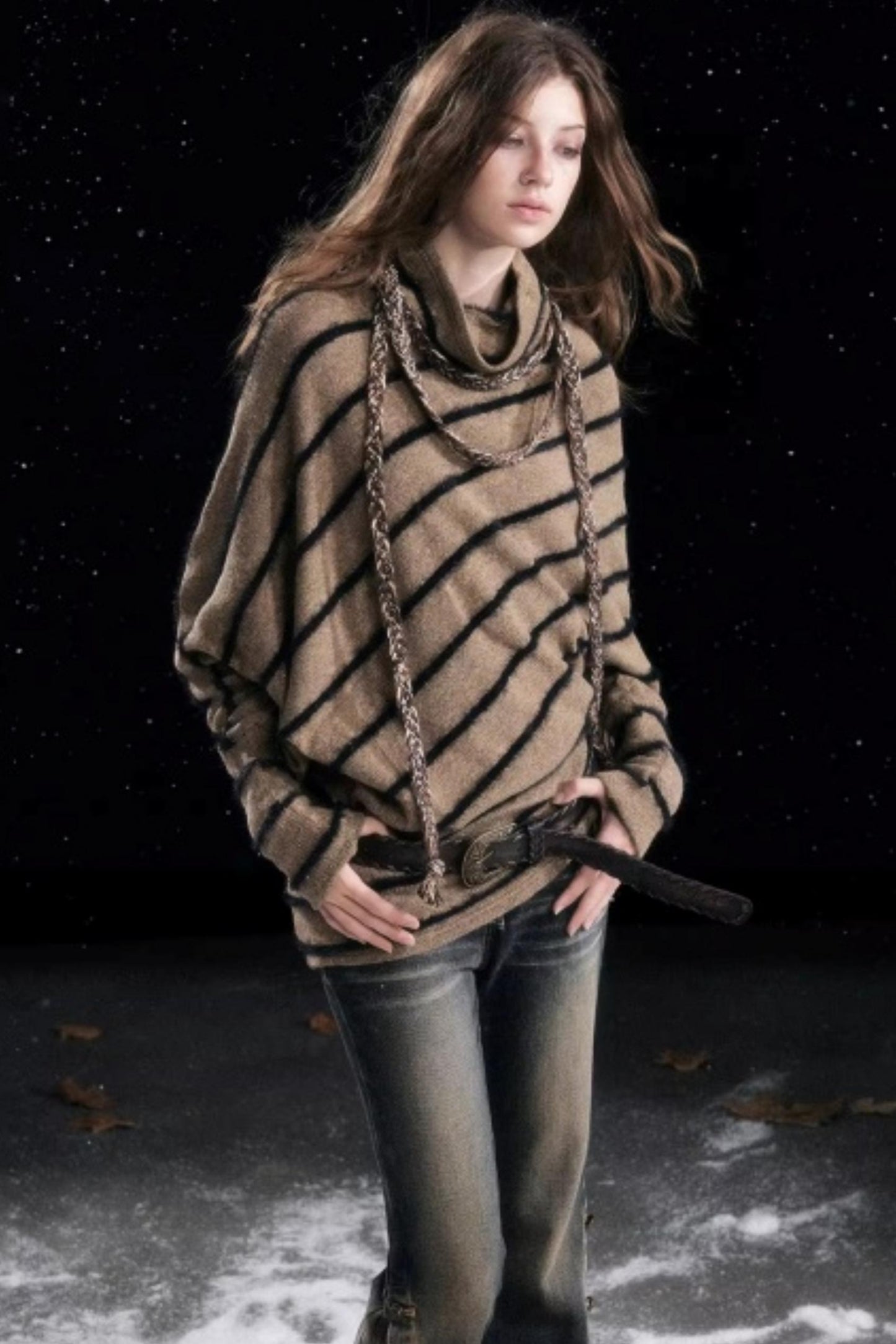 Diagonal Striped Batwing Sweater