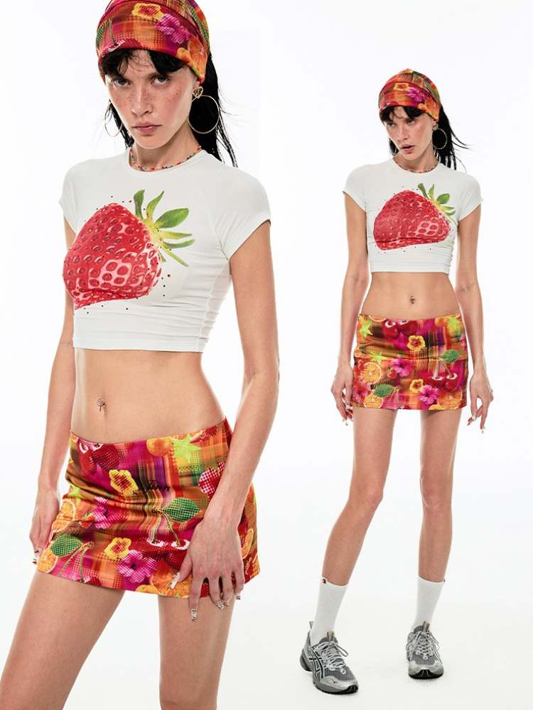 Fruit Print Hip Cover Mini Skirt