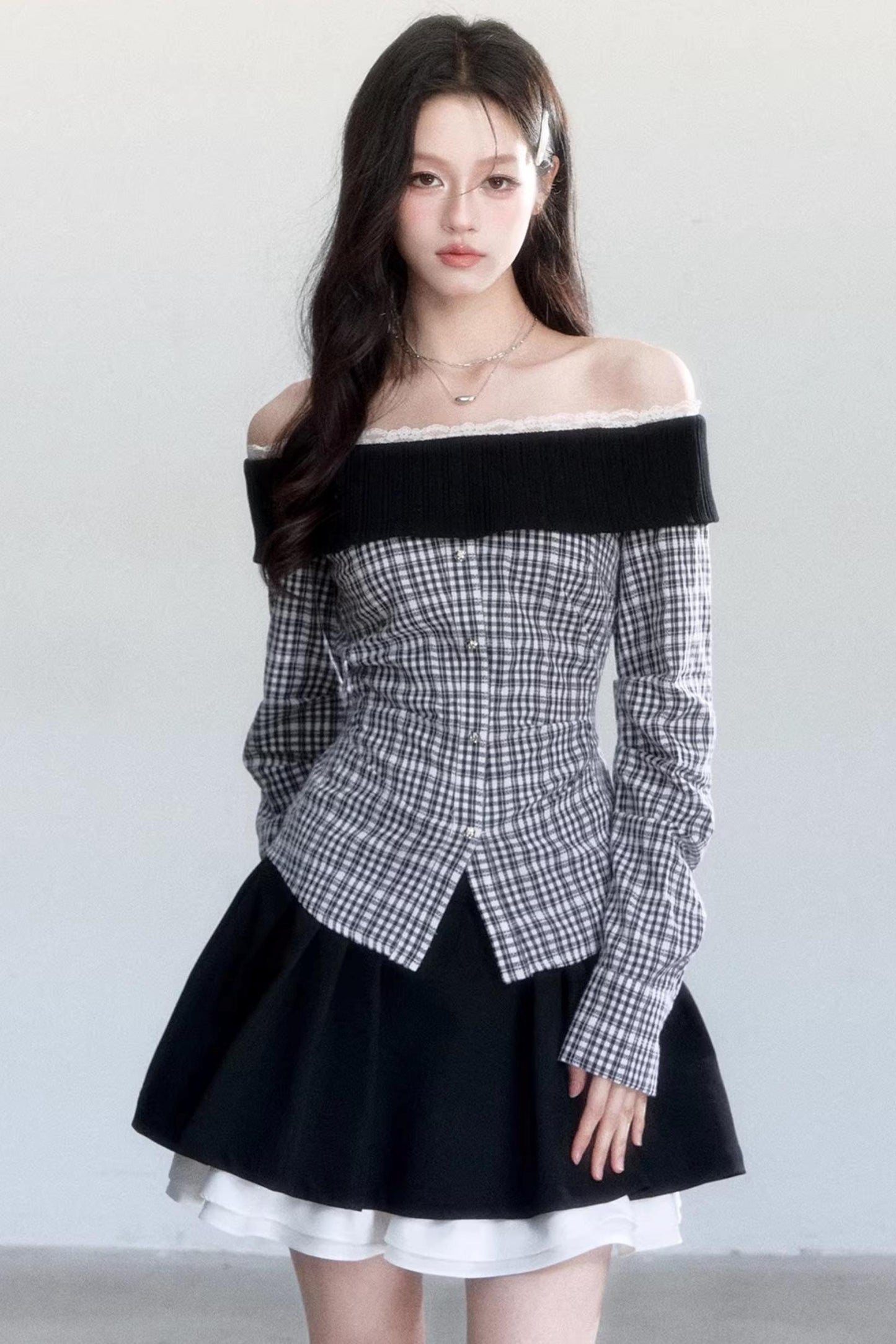 Plaid Off-Shoulder Slim Fit Shirt