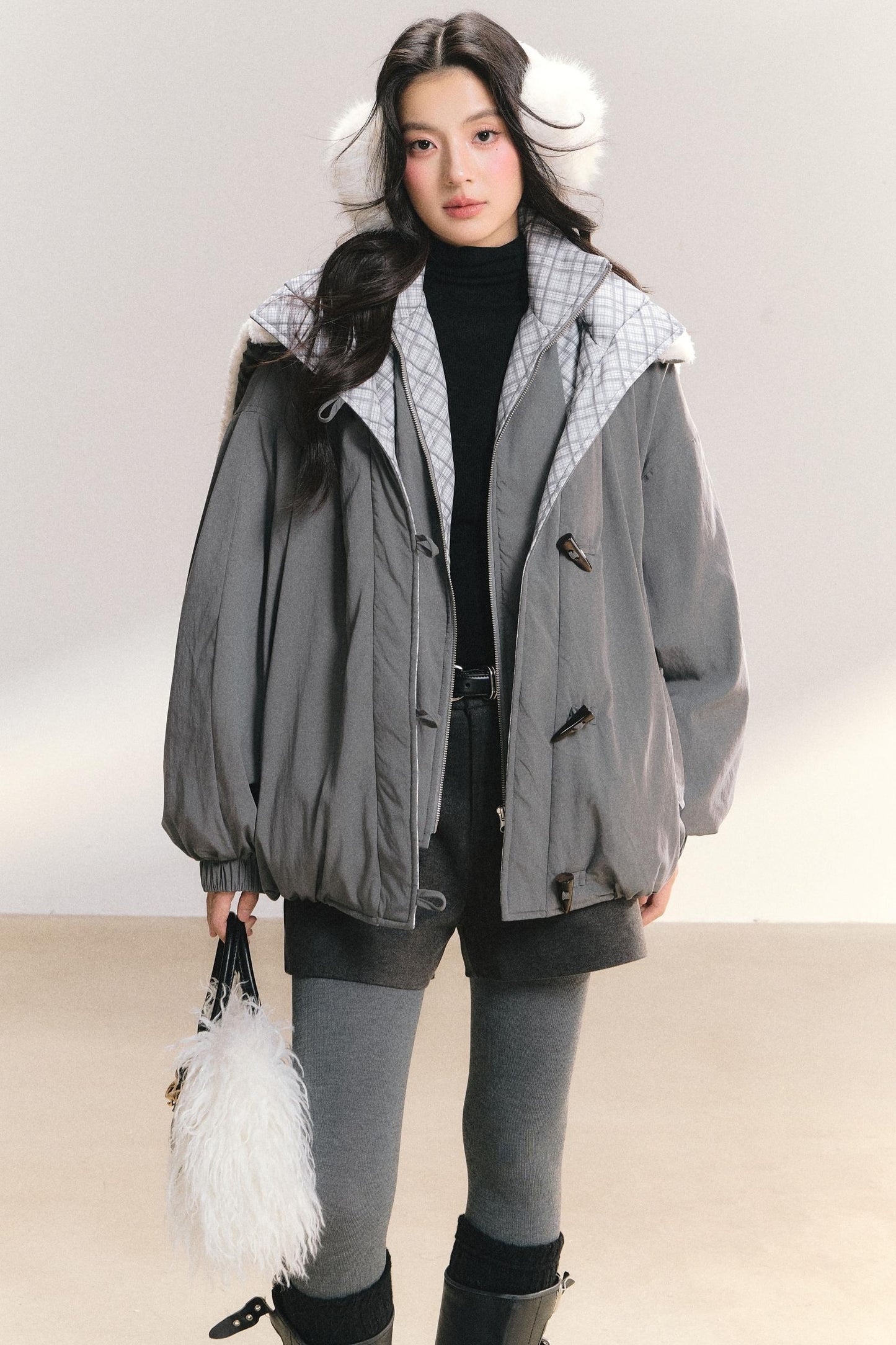 Snow Flakes Plaid Duffle Coat