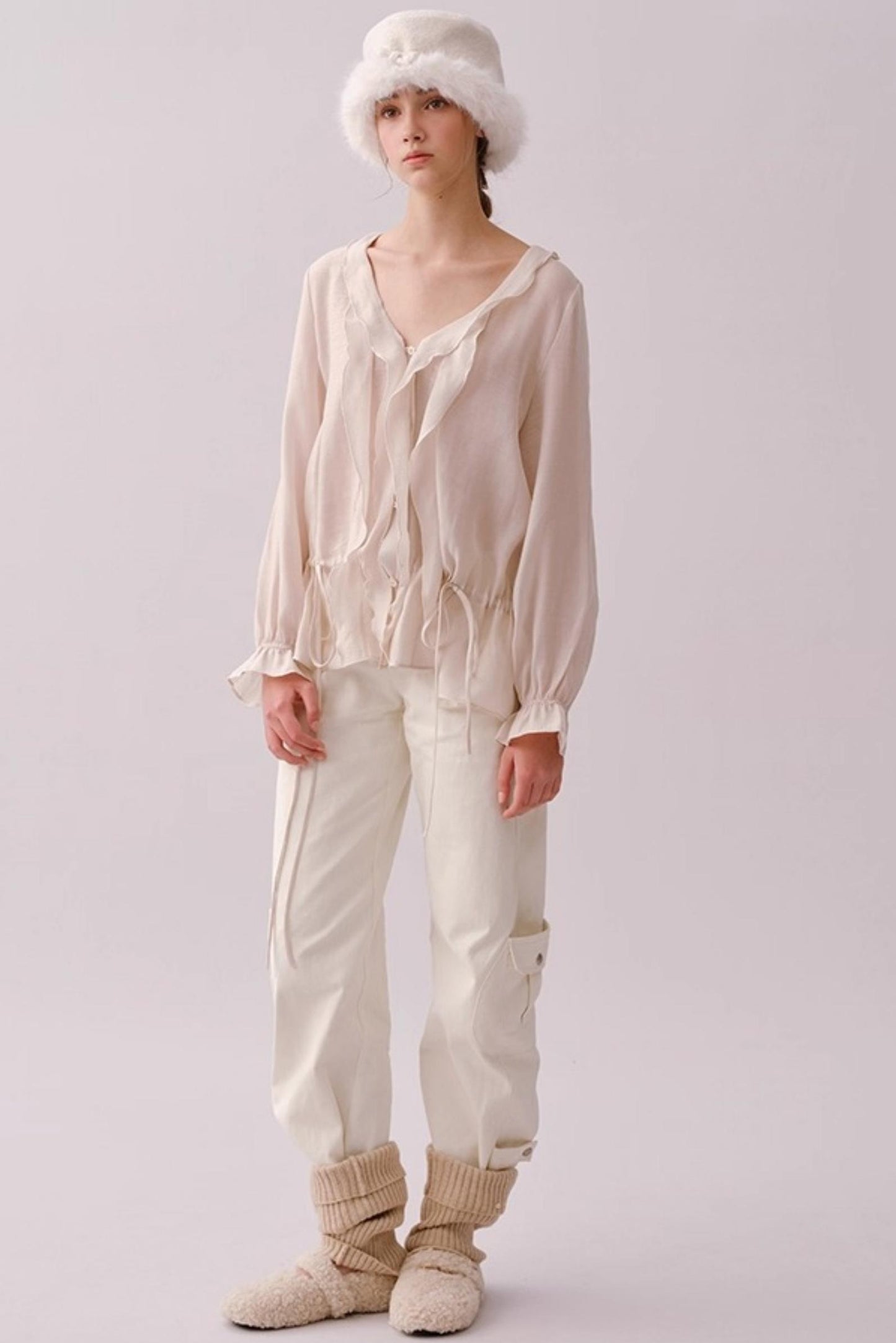Lyocell Ruffled V-Neck Shirt