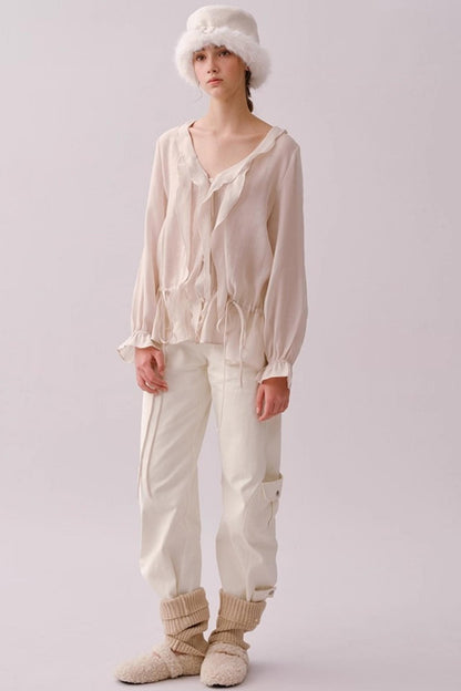 Lyocell Ruffled V-Neck Shirt