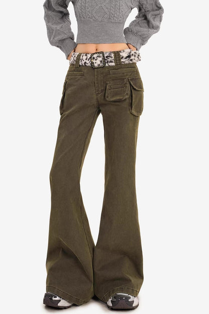 Retro Army Green Flared Pants