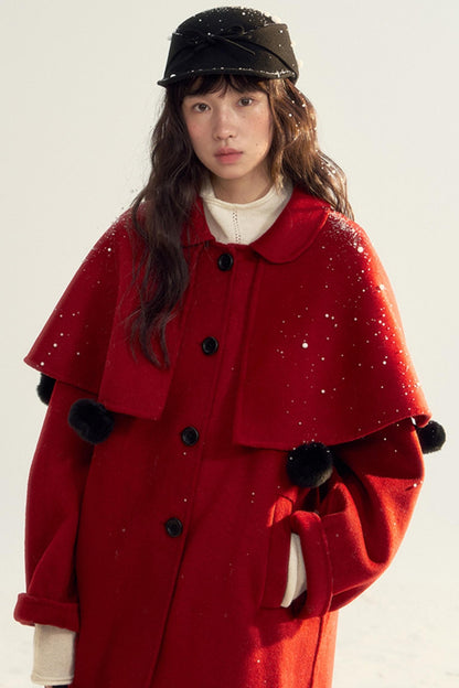 Detachable Cape Red Wool Coat