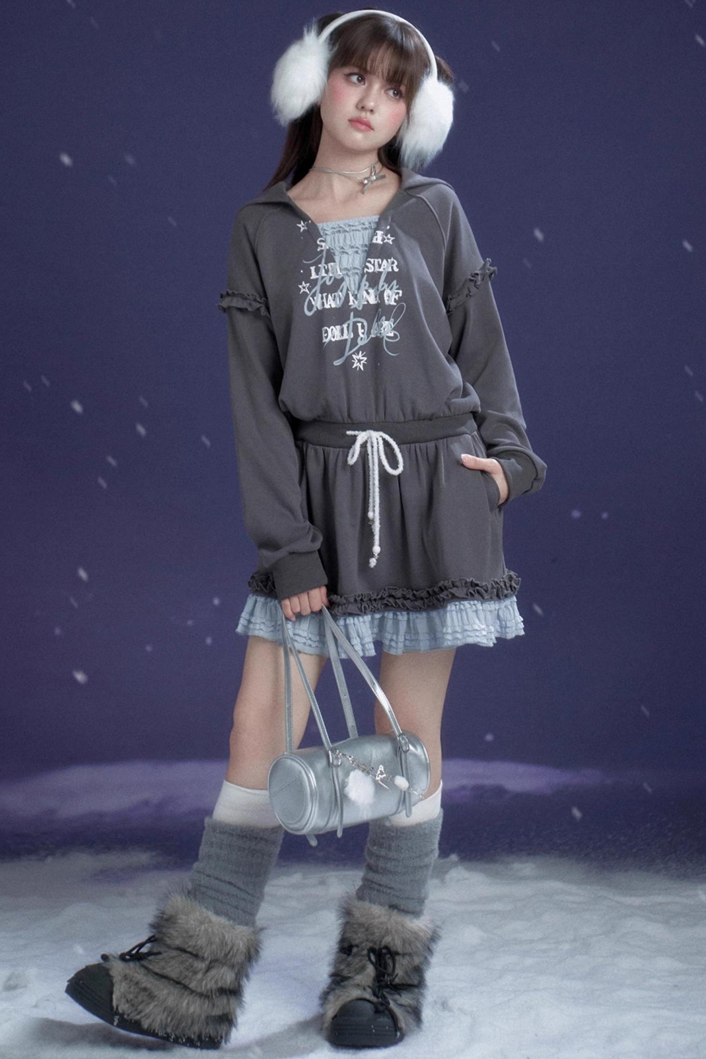 Gray-Blue Hooded Sweatshirt Dress