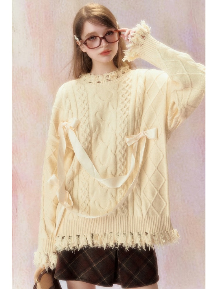 College Style Ribbon Jacquard Sweater