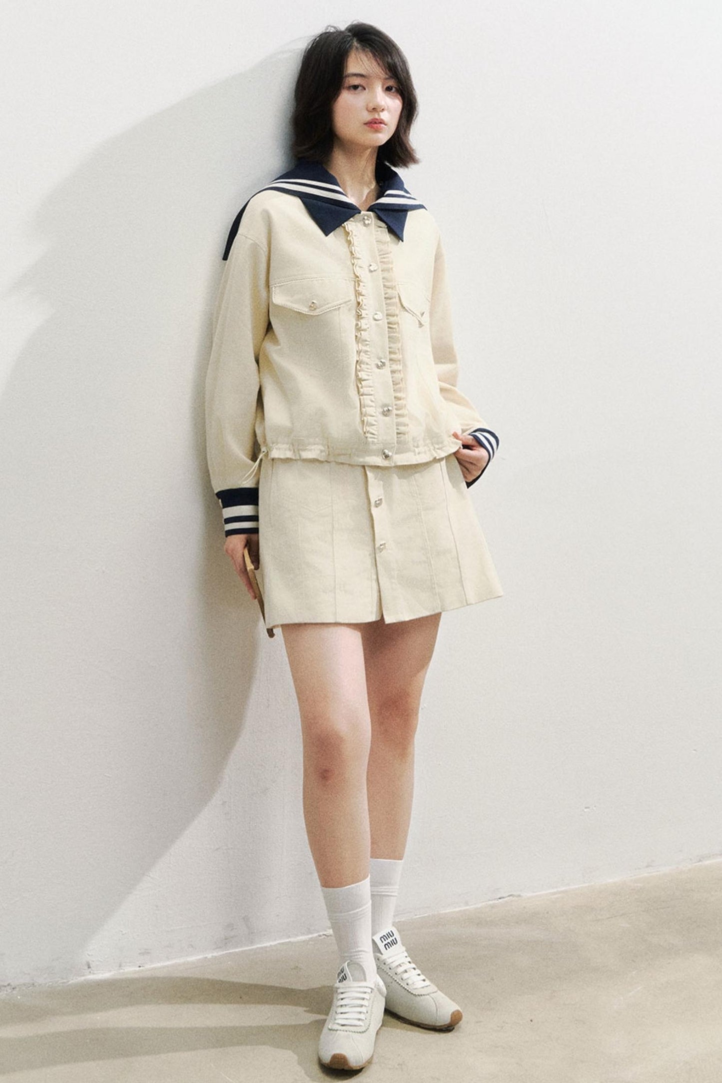 Beige Navy Collar Jacket Set-Up