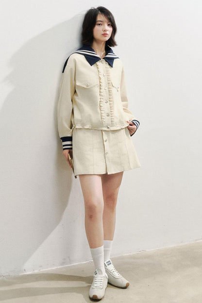 Beige Navy Collar Jacket Set-Up