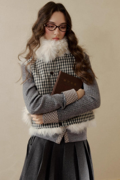 Polka Dot Plaid Fur Coat