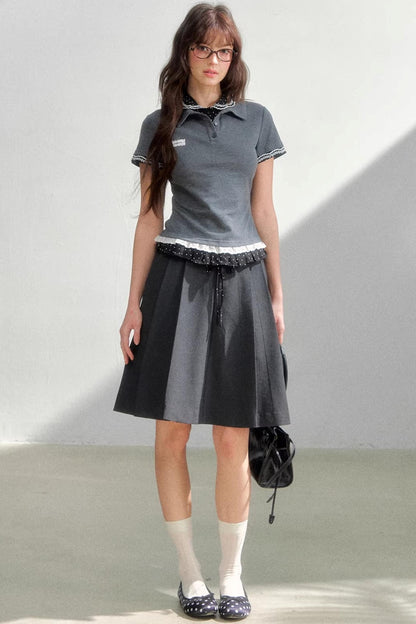 Polka Dot Gray Pleated Skirt