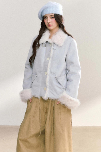 Suede Rivet Fur Collar Lapel Jacket