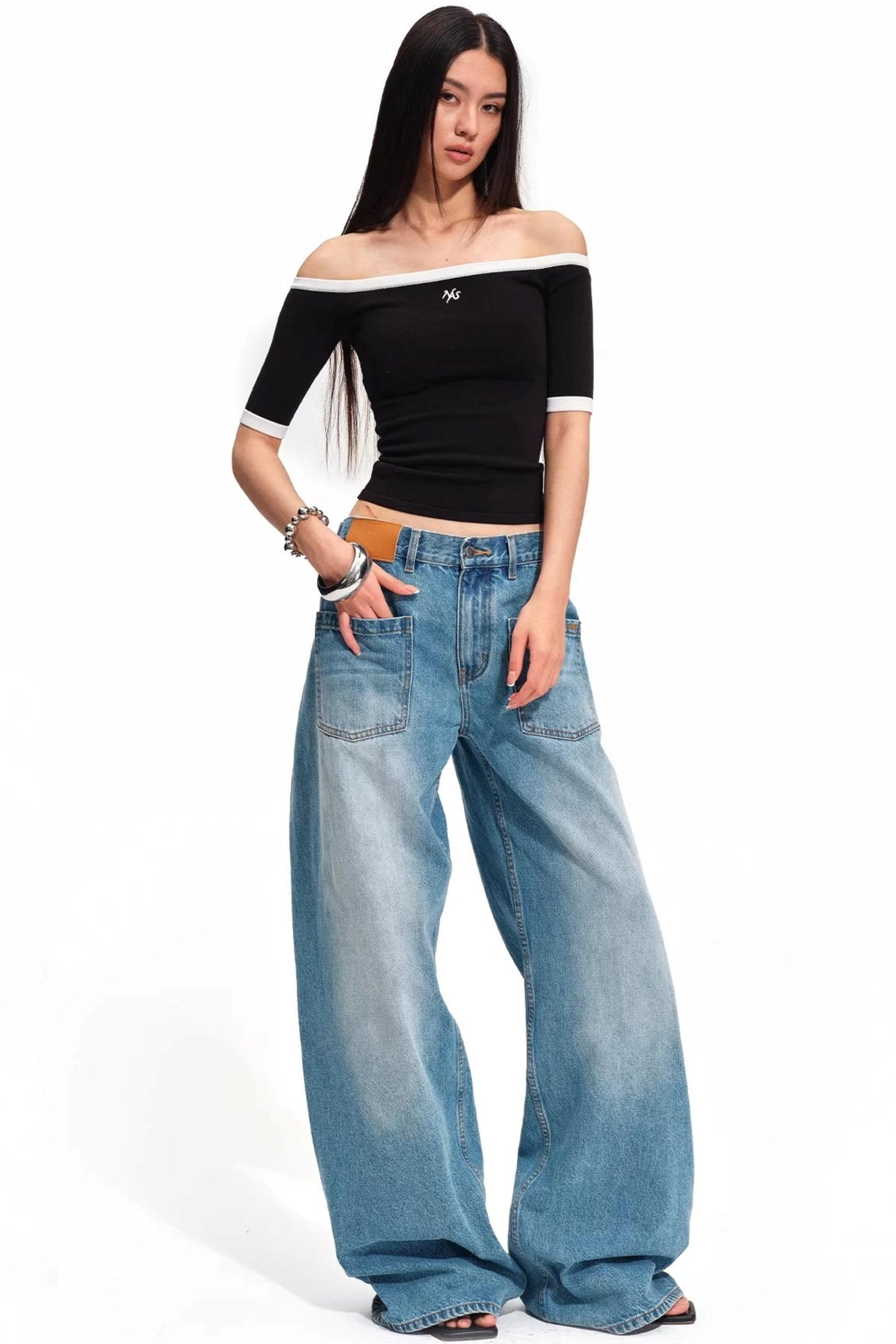 Off-Shoulder Contrast Knit Top